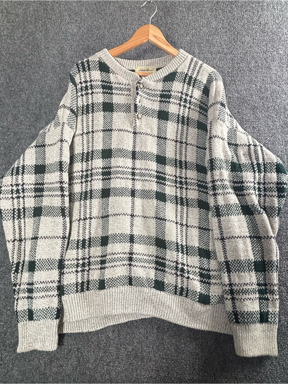 Eddie Bauer Cream & Dark Green Plaid Crewneck Sweater